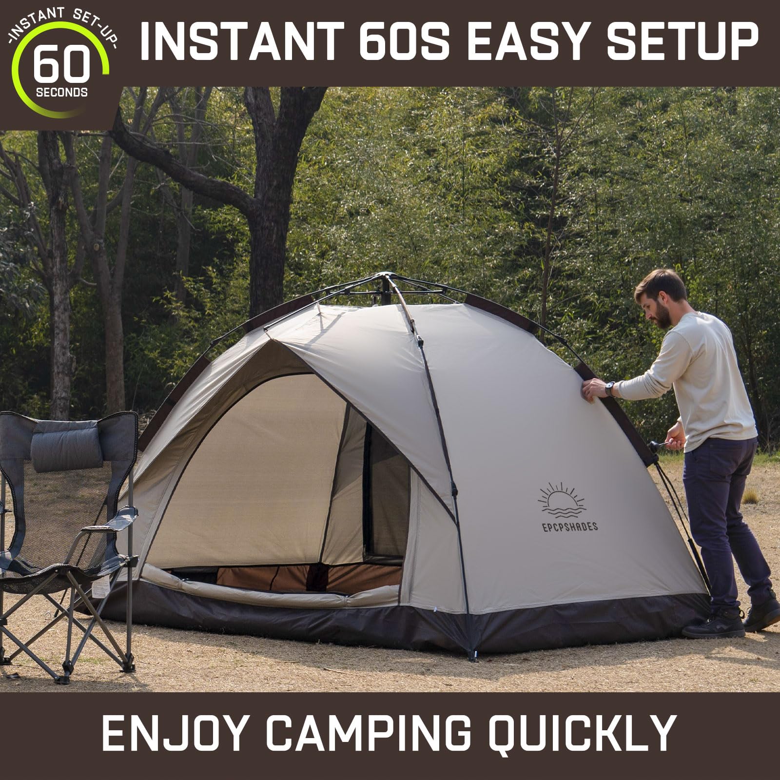 EPCPSHADES Camping Dome Tent for 2 Man, Waterproof Pop up Tent with Carry bag, Instant Double Layer Camping Automatic Tents for Outdoor, Khaki